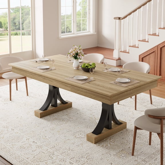 Dining Table for 6-8 with 2 Drawers – 71-Inch Industrial Wooden Kitchen Table, Large Tabletop, Sturdy Frame, Double Pedestal for Dinner