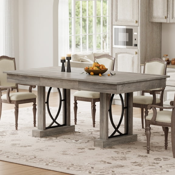Dining Table for 6-8 with 2 Drawers, Wooden Kitchen Table with Double Pedestal & Large Tabletop, 8 Ft Large Rectangular Dinner Table for Kitchen
