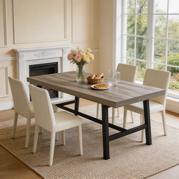 Dining Table for 6 People, Wooden Table, Rectangle Furniture with Metal Legs, Modern Kitchen Table for Home, Dining Room