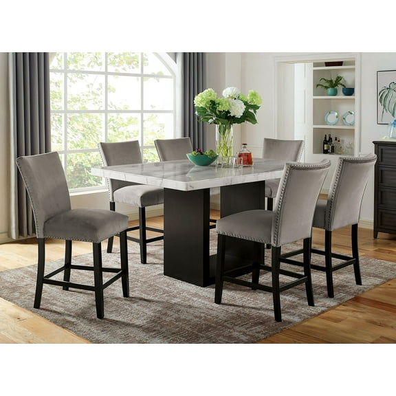 Dining Table w White Marble Top 6x Dining Chairs Nailhead Trim Gray 7pc Counter Height Dining Set