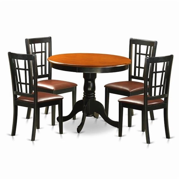 Dining Table with 4 Faux Leather Chairs, Black & Cherry - 5 Piece
