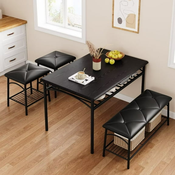 Dining Table with Benches, Metal and Wood Dining Table Set for 4, Kitchen Table Set with Storage and Square Stools for Small Space, Apartment