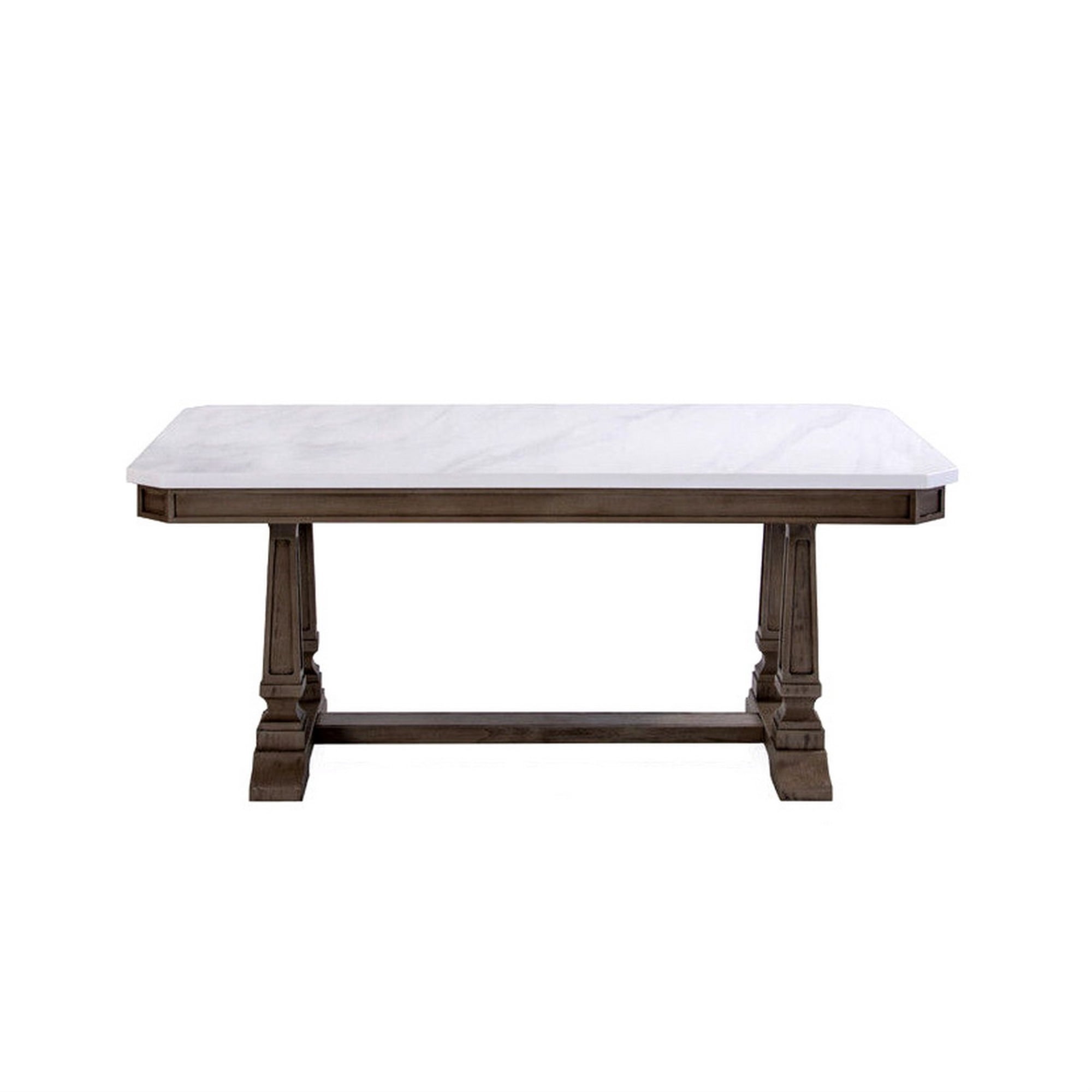 Dining Table with Marble Top and Trestle Base, White and Brown ...