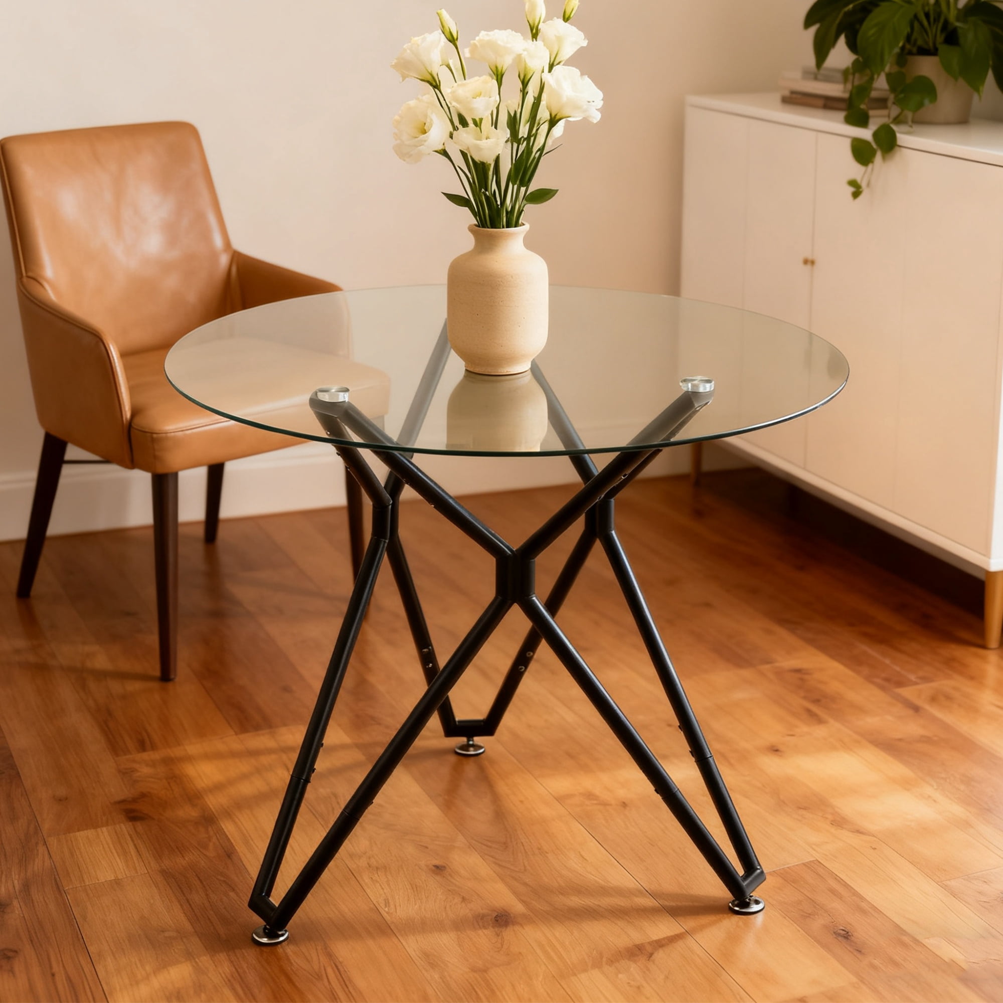 Dining Table with Round Tempered Glass Top 35.4 Inch, Space-Saving Kitchen Table and Bistro Table with Sturdy Metal Legs for 1-4 People, Black