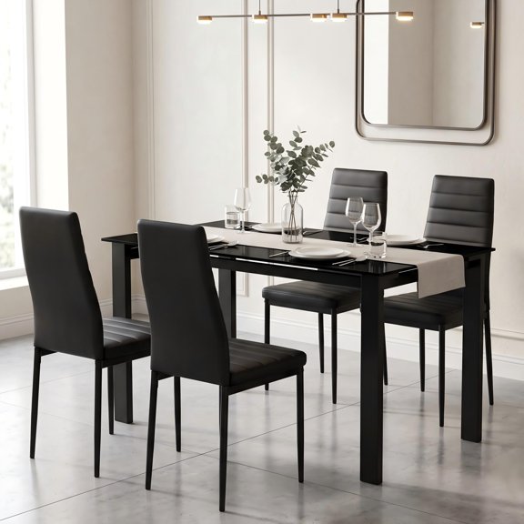 Dining Table with Set and 5-Piece Red Tempered Glass, Dining Room