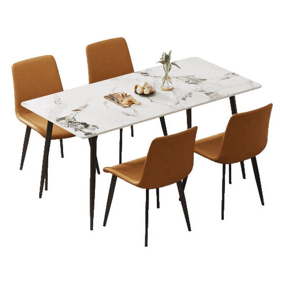 Dining Table with Sintered Stone Tabletop and Metal Legs, 63" Rectangular Modern Kitchen & Dining Room Table With 4 Dining Chairs