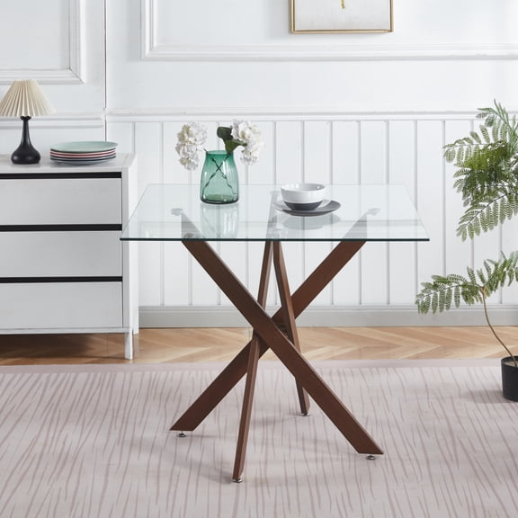 Dining Table with cross metal leg and tempered glass,Modern Space Saving Kitchen Table for Living Room,chrome legs,Square table,golden legs