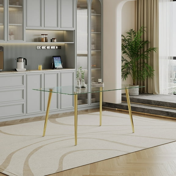 Dining Tables 0.32" Thick Tempered Glass Top Dining Table with Gold Stainless Steel Legs,Modern Dining Tables