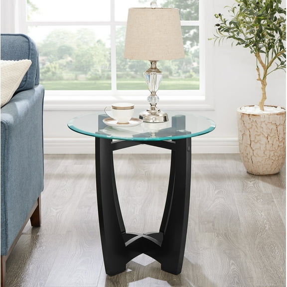 Dining Tables 23.5 inch round glass coffee table, black round coffee table center table with glass top, small coffee table for living room, office and apartment,Coffee Tables