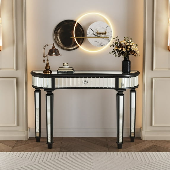 Dining Tables 47" Half-Moon Mirrored Console Table with Fluted Glass & Crystal Knob Drawer - Silver Entryway Vanity Desk for Bedroom/Dressing Room(Black+Sliver),Coffee Tables