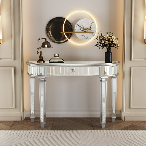 Dining Tables 47" Half-Moon Mirrored Console Table with Fluted Glass & Crystal Knob Drawer - Silver Entryway Vanity Desk for Bedroom/Dressing Room(Grey+Sliver),Coffee Tables