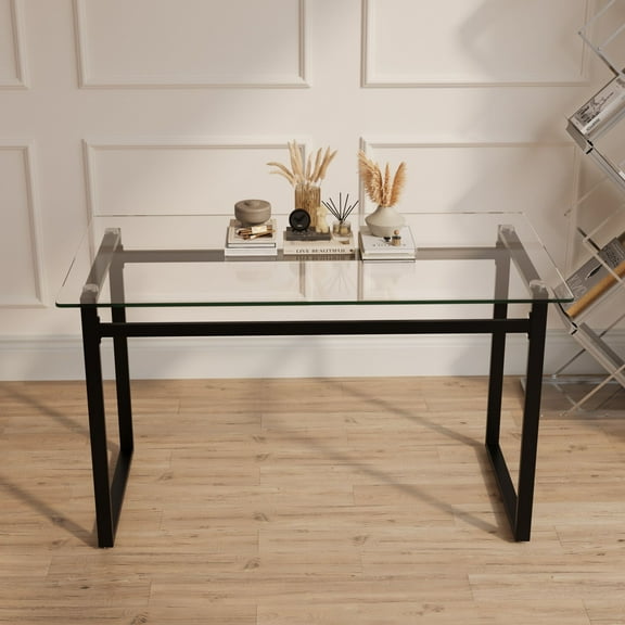 Dining Tables 51" Modern Minimalist Rectangular Glass Dining Table for 4-6 with 0.31" Tempered Glass Tabletop and Black Chrome Metal Legs, Writing Table Desk, for Kitchen Dining Living Room (0 damage