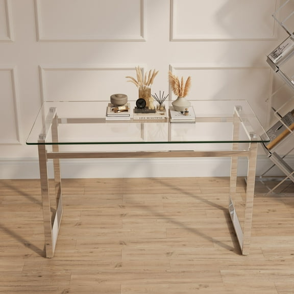 Dining Tables 51" Modern Minimalist Rectangular Glass Dining Table for 4-6 with 0.31" Tempered Glass Tabletop and Silver Chrome Metal Legs, Writing Table Desk, for Kitchen Dining Living Room (0 damag