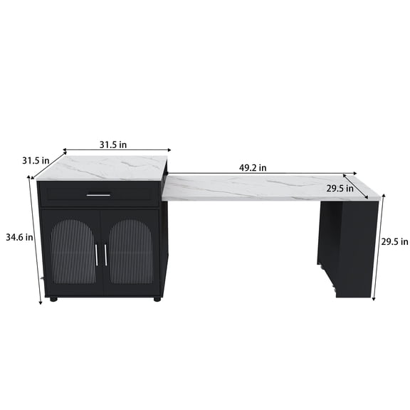 Dining Tables 80-inch Expandable Kitchen Island with Dining Table, Marble-Grain Countertop with Power Outlet, Mobile Storage Cart with Cabinet & 2 Drawers, Kitchen Prep Table (Black),Modern Dining Ta