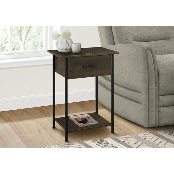 Dining Tables Accent Table, 2 Tier, End, Lamp, Living Room, Side Table, Storage Drawer, Small, Dark Oak Laminate, Black Metal, Contemporary,Coffee Tables