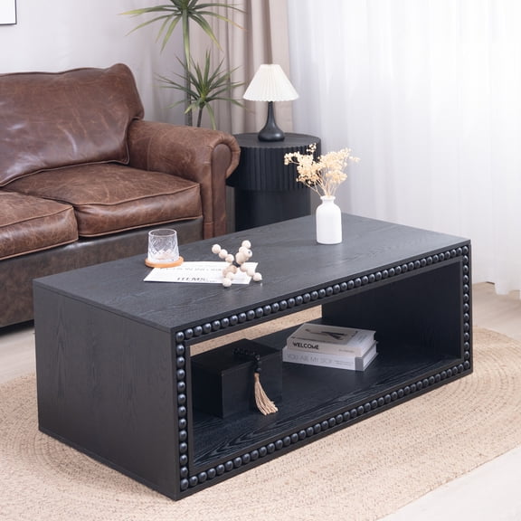 Dining Tables Black Beaded Edge Coffee Table – 47.6" Rectangular Center Table with Open Storage Shelf, Modern Farmhouse Style, Solid Black Finish,Coffee Tables