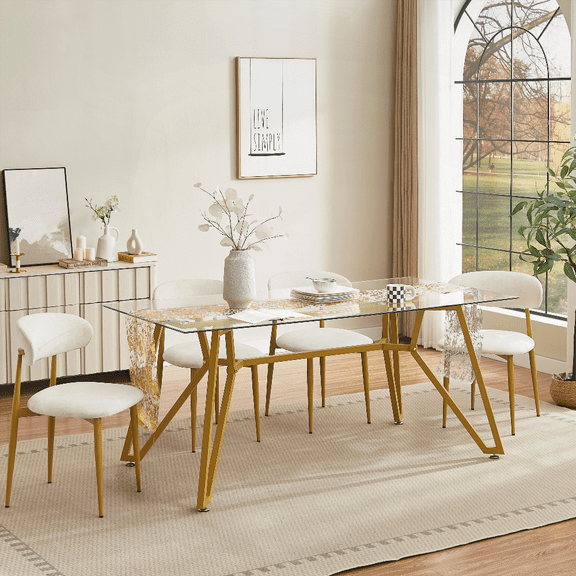 70.9-inch Rectangular Glass Dining Table for 1-8 People, Modern Style, Gold, Sturdy Metal Legs, Suitable for Various Spaces (Dining Room, Living Room, Office)