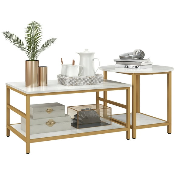 Dining Tables HOMCOM Coffee Tables Set of 2, 2-Rier Rectangle and Round Coffee Table with Storage Shelves, Faux Marble Top and Steel Frame, Sofa Side Table for Living Room, White,Wooden Dining Table