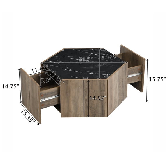 Dining Tables Hexagonal Rustic Retro Wood Coffee Table, with 2 Hidden Drawers, Textured Black Marble Tops, Light Brown Oak Finish - Perfect for Living Room & Reception Areas,Coffee Tables