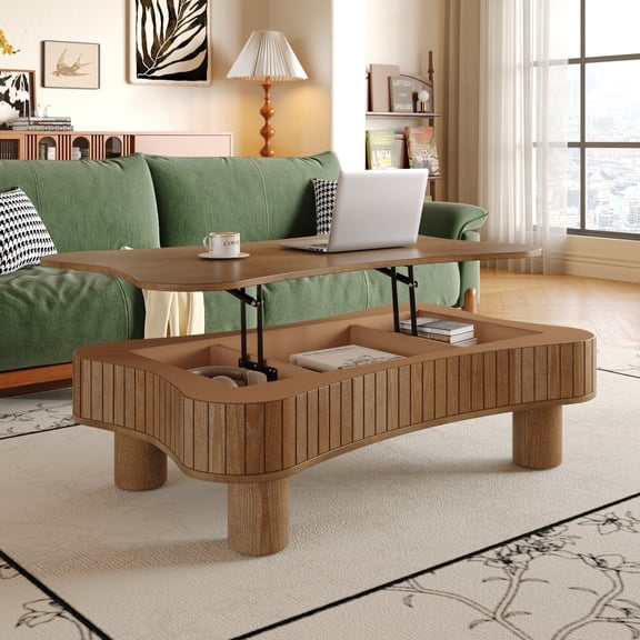 Dining Tables Lift Top Coffee Table for Living Room 42" - Fluted Panel Hidden Storage, Silent Hydraulic Lift, Curved Safety Corners, 5 Min Assembly (27"W x 13-18.9"H,Walnut),Coffee Tables