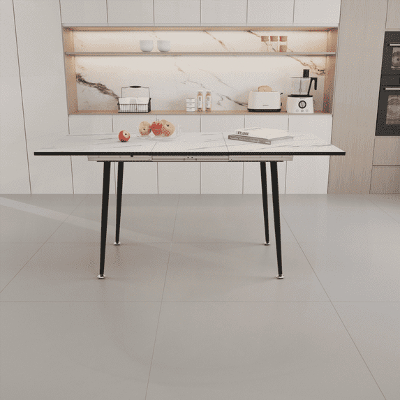 47"-63" Expandable MDF Square White Marble Pattern Dining Table with Tapered Black Metal Legs for US Homes