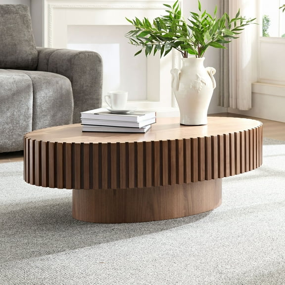 Dining Tables Modern Handcraft Drum Coffee Table Length 43.7 inch Ellipse Coffee Table for Living Room,Oval Small Coffee Table with Sturdy Pedestal,Walnut MDF,Coffee Tables