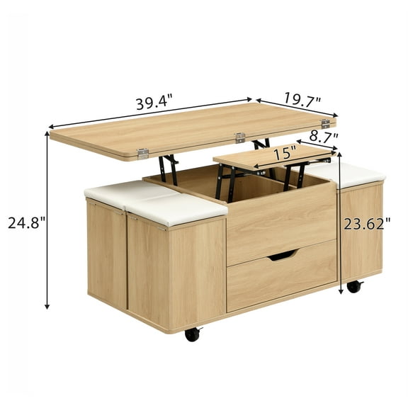 Dining Tables Multi-Functional Lift-Top Coffee Table with Hidden Storage and Stools,Multi-Function Modern Center Table with 4 Stools and Casters,Perfect for Modern Living Spaces-Natural & White Color