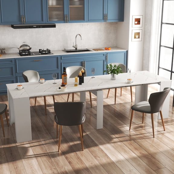 Dining Tables, Multifunctional extendable console table, White,White Marble Modern Dining Tables,Particle Board+Mdf Wooden Dining Tables, Furniture Dining Tables Multifunctional extendable console ta