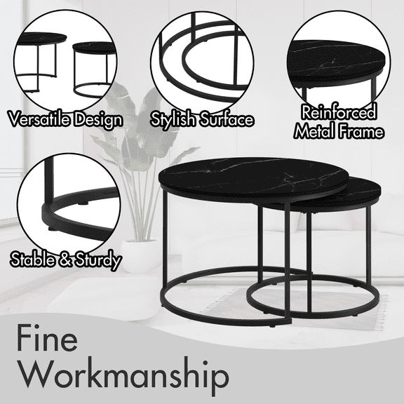 Dining Tables Nesting Coffee Table Set of 2, 27.6inch Round Coffee Table Wood Marble Pattern Top with Sturdy Metal Frame, End Table Side Tables for Living Room Bedroom Balcony Yard (Black),Coffee Tab