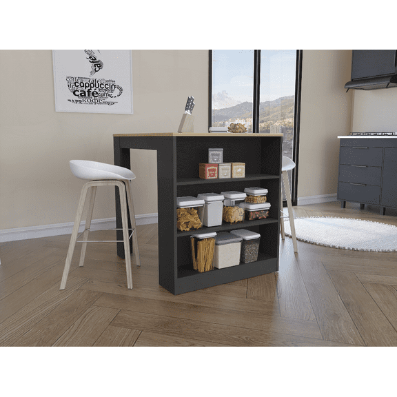 Tanna Kitchen Counter Dining Table with Two Legs and Three Side Shelves - Black/Pine | Ideal for Small Spaces and Family Meals