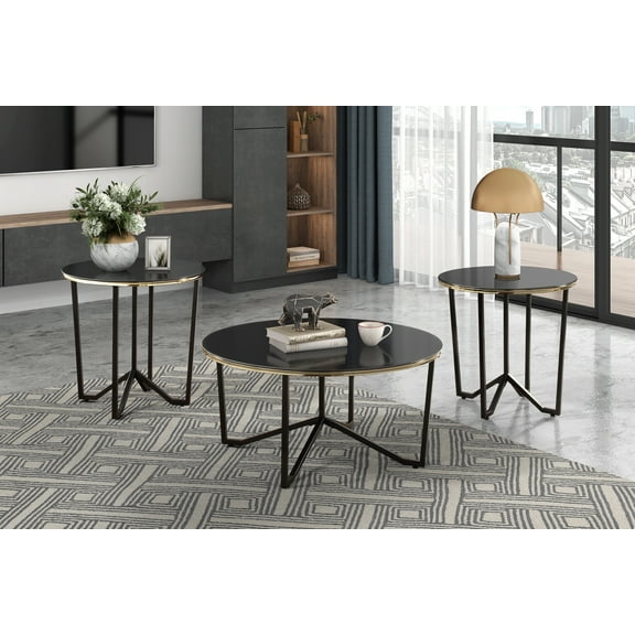 Dining Tables Round Coffee Table and End Tables 3pc Set Black Tempered Glass Top Metal Frame Modern Living Room Furniture,Coffee Tables