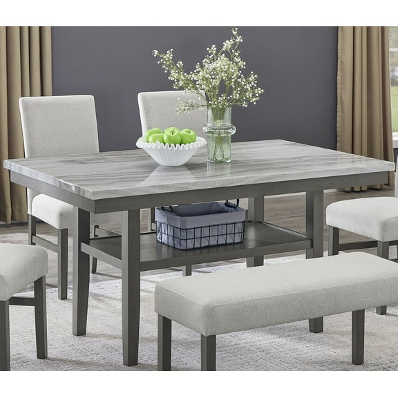 Dining Tables Selena 60" Gray Faux Marble Top Rectangular Dining Table with Storage Shelf in Gray Wood Finish,Wooden Dining Tables