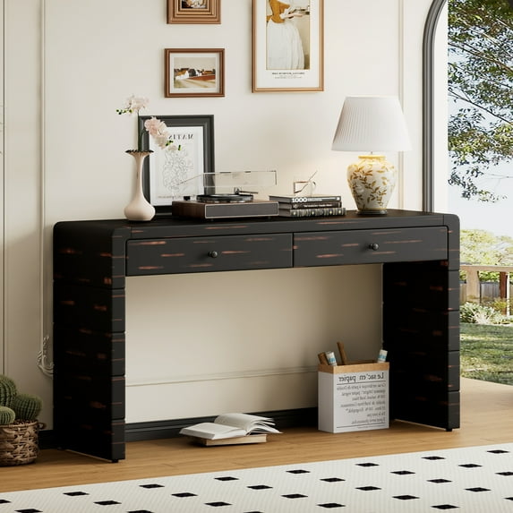 Dining Tables TREXM Curved Console Table with Storage, Wooden Entryway Table with 2 Drawers, Farmhouse Rustic Console Tables for Entryway, Hallway, Living Room, Distressed Black,Coffee Tables