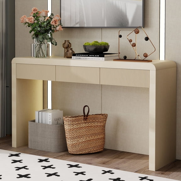 Dining Tables TREXM Rustic Console Table with 3 Fluted Drawers - Solid Wood Veneer Entryway Table Featuring Natural Wood Grain for Living Room, Hallway (Apricot),Coffee Tables