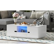 Dining Tables U-Can Modern High Glossy Rectangle Coffee Table, Stylish Center Table with Storage Space, Accent Furniture with 16 Color LED Lights for Living Room,Coffee Tables