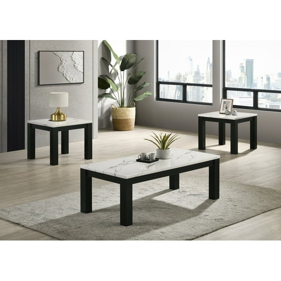 Dining Tables White Black 3-Piece Living Room Table Set Faux Marble Table Top Cocktail Table and Two Matching End Tables Wooden Furniture,Coffee Tables