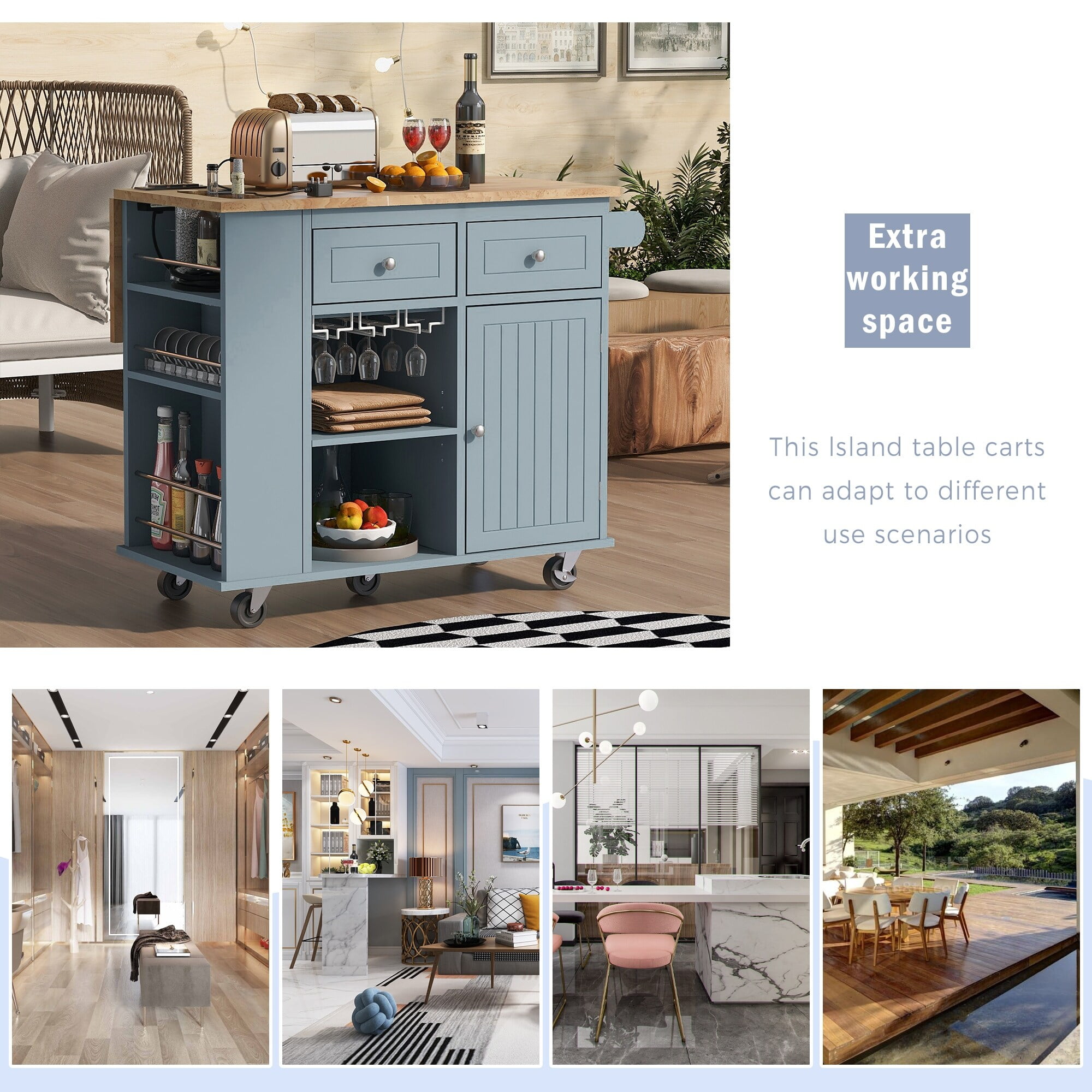 Dining Tables w/ Drop Leaf & Power Outlet Open Storage Kitchen Island ...
