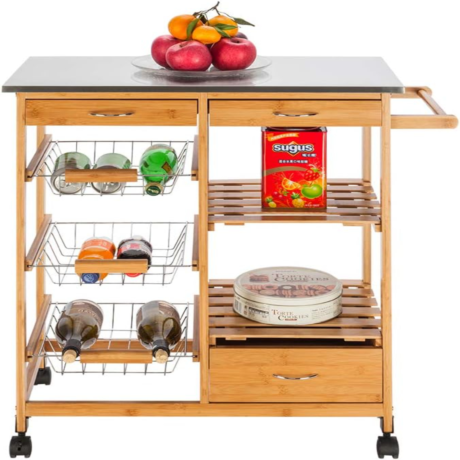 Dining Trolley Kitchen Storage Cart on Wheels Rolling Wood Utility Cart with 2 Drawers 3 Baskets