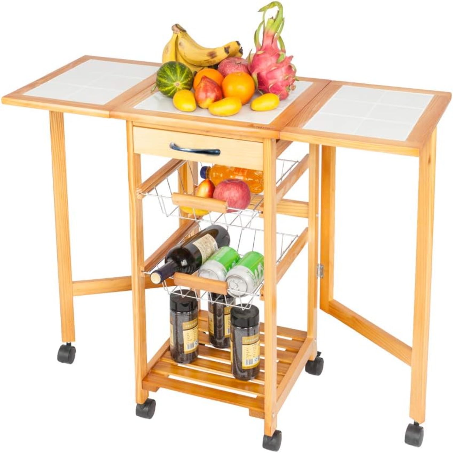 Dining Trolley Kitchen Storage Cart on Wheels Rolling Wood Utility Cart
