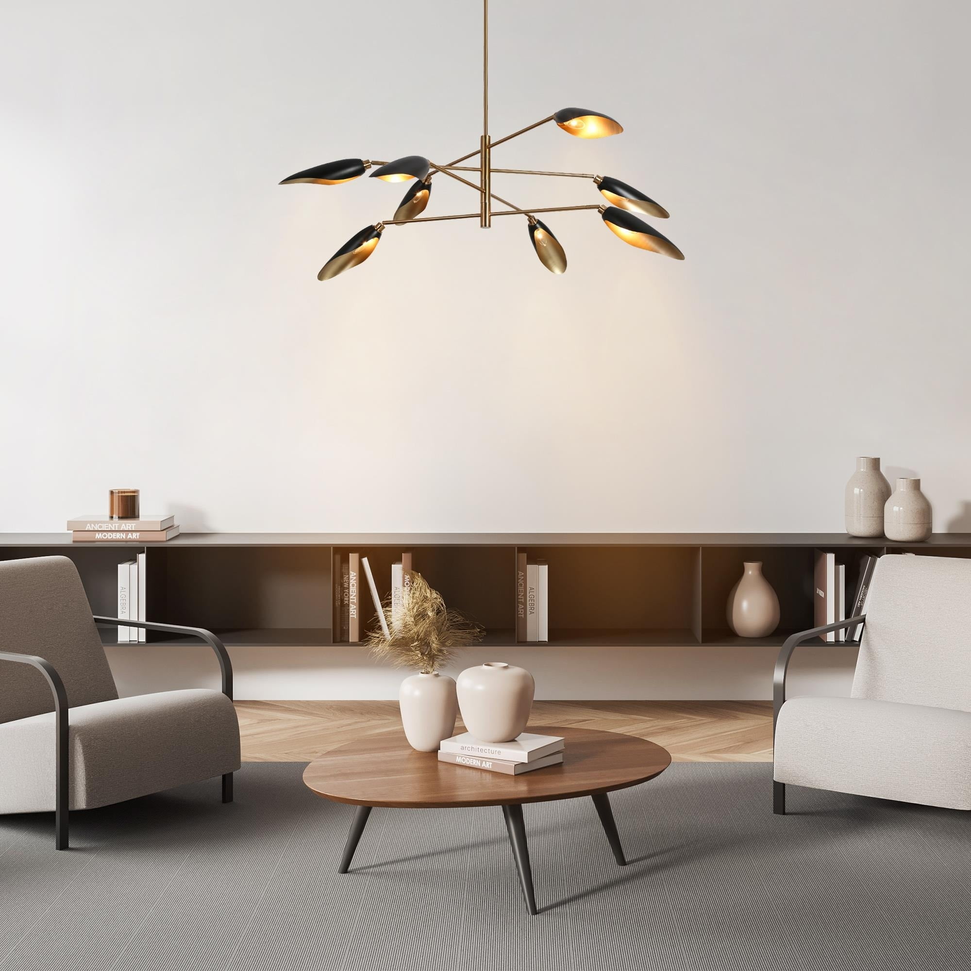 48" Black and Brass Sputnik Chandelier with Leaf Shades