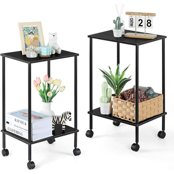 Dining side table Living room bedside table (narrow space) bedside table Small narrow side table on wheels for living room, bedroom and office, black, set of two