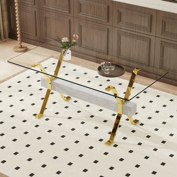 Dining table. Modern tempered glass dining table. Large modern office desk with gold plated metal legs and gray MDF crossbars, suitable for both home and office use. Kitchen. 71 ''x35.4''x30 '' 1105