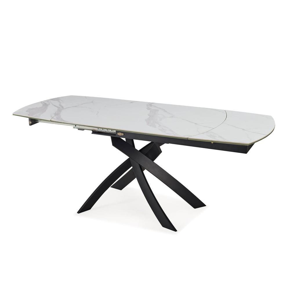 Extendable White Sintered Stone Dining Table with Black Metal Legs
