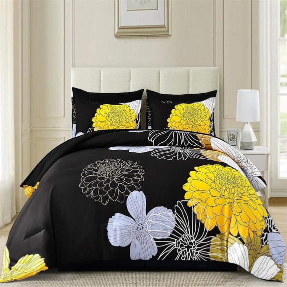 Dinjoy Floral Comforter Set King Size Yellow Black Bedding Set Bed in a Bag 104"x90"