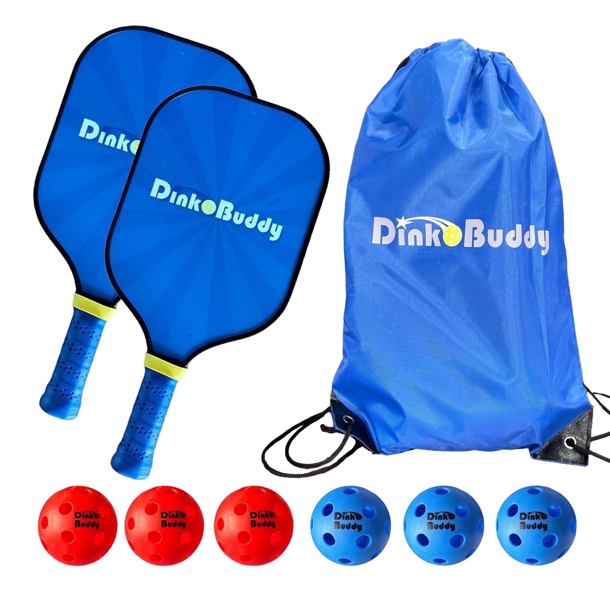 Dink Buddy - 2-in-1 Play Everywhere Pickleball Practice Set, Complete Bundle with 3 Kelso + 3 Standard Balls, 2 Pickleball Paddles, & 1 Drawstring Backpack