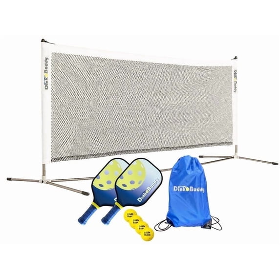 Dink Buddy - 3-in-1 Budding Pro Pickleball Kiddie Set, Complete with 1 Collapsible Kids’ Pickleball Net, 4 Kelso Balls, 2 Mini Paddles, & 1 Child-Sized Drawstring Backpack
