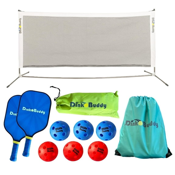 Dink Buddy - 3-in-1 Play Everywhere Pickleball Practice Set, Complete Bundle with 1 Collapsible 6-ft Pickleball Net, 3 Kelso + 3 Standard Balls, 2 Paddles, & 1 Drawstring Backpack