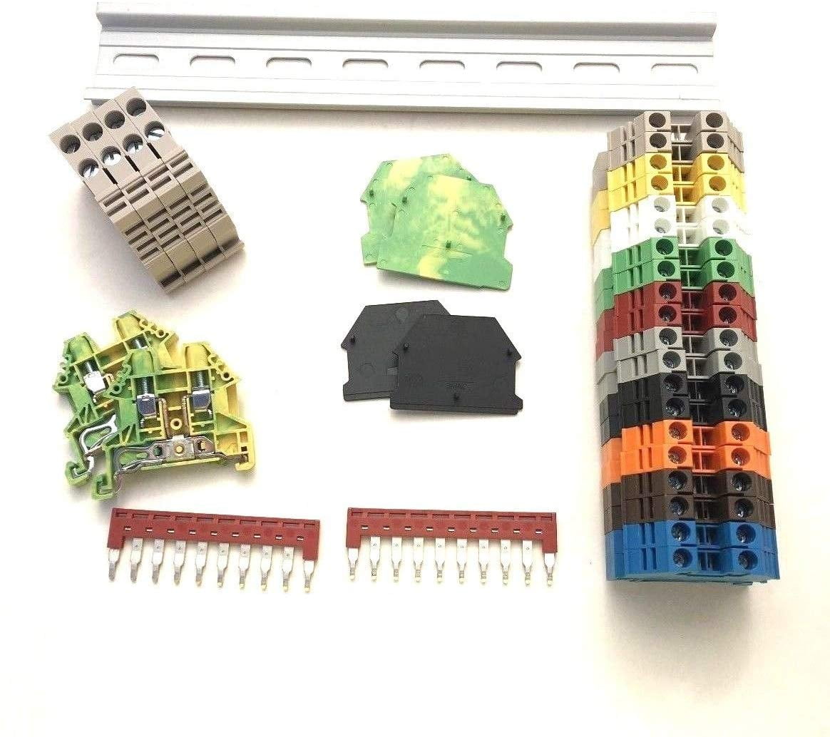Dinkle UL Every Color DIN Rail Terminal Block Kit 20 DK2.5N 12 AWG Gauge 20A 600V Ground DK4N-PE Jumper DSS2.5N-10P End Covers End Brackets