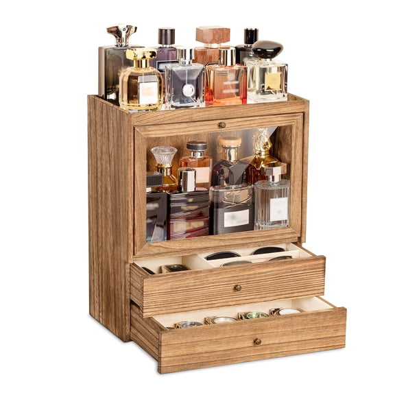 Dinmligt Cologne Organizer, 4 Tier Vertical Wood Perfume Stand for Men, Large Capacity Perfumes Organizer with Double Drawer Storage,Brown