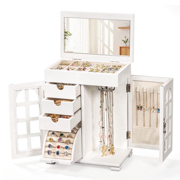 Dinmligt Jewelry Box for Women, 5-Tier Large Jewelry Organizer Boxes with Mirror—Rustic Jewelry Storage and Display for Rings, Earrings, Necklaces, and Bracelets,White